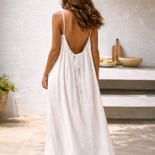 Brisa de Verano – Vestido Largo de Lino con Espalda Descubierta