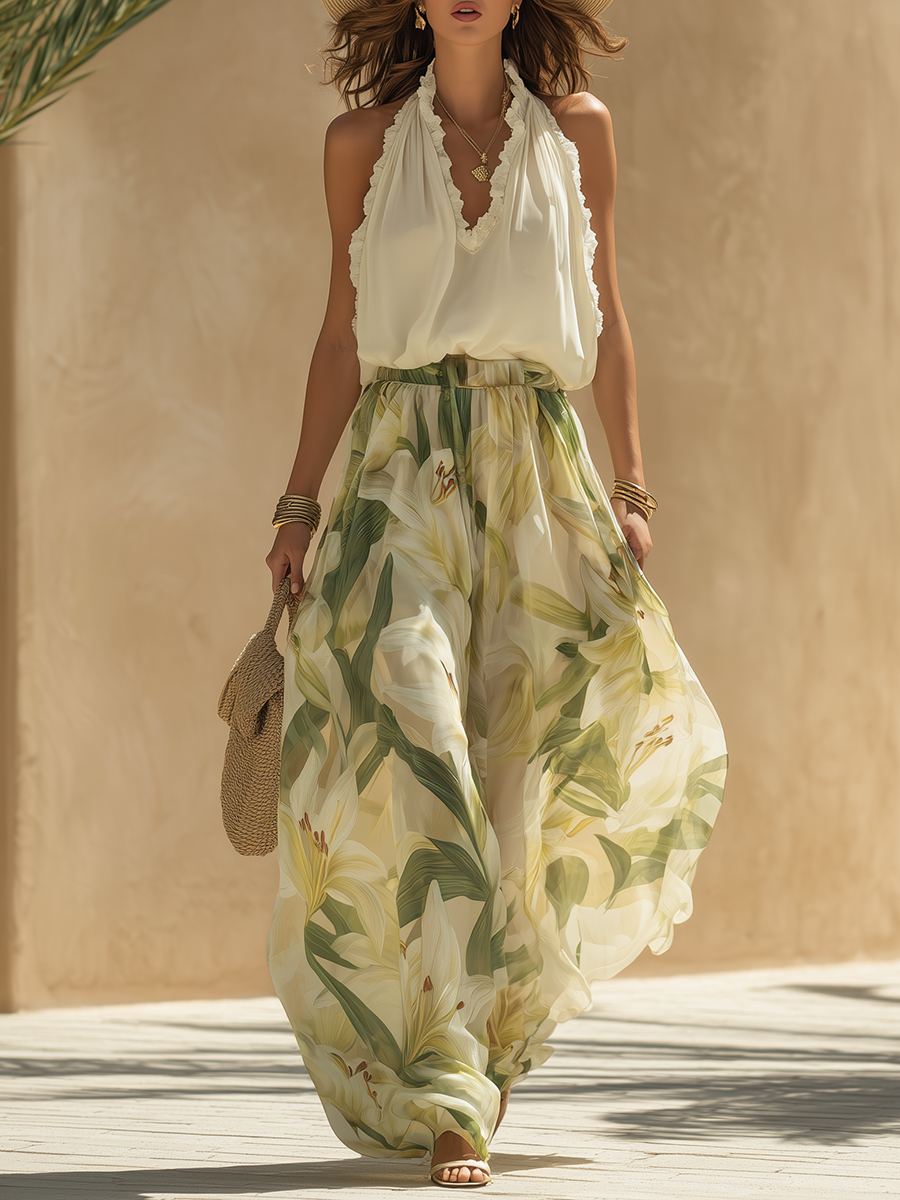 LIRIO Conjunto Dos Piezas Floral Top Pantalón Ancho color Jardín Verde — Loopy Wear