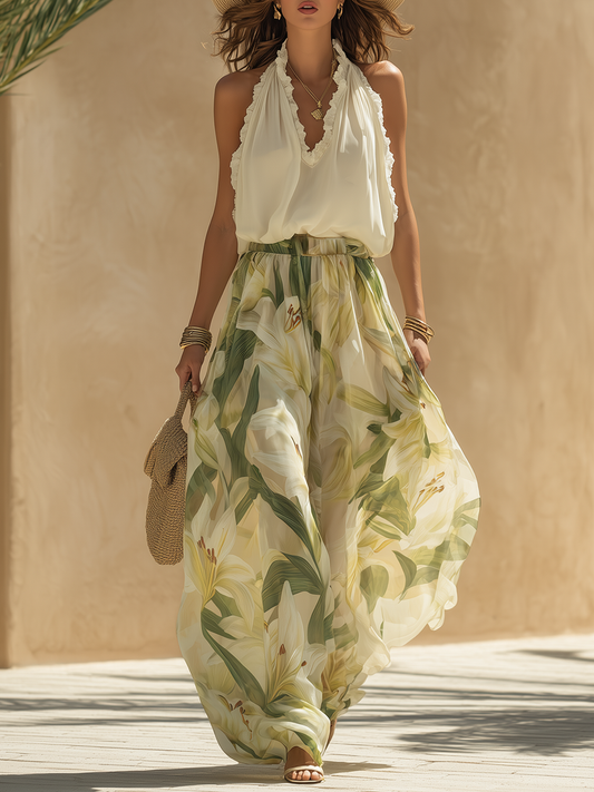 LIRIO Conjunto Dos Piezas Floral Top Pantalón Ancho color Jardín Verde — Loopy Wear