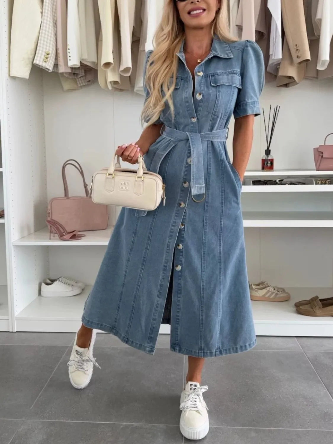 DUNA | Vestido Midi Denim con Manga Puff