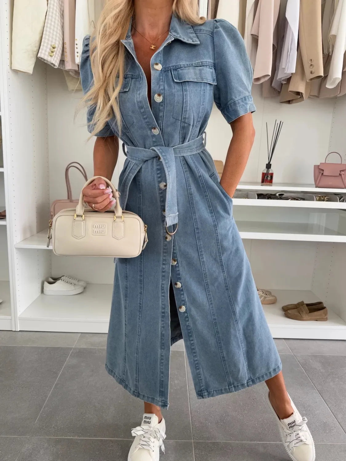 DUNA | Vestido Midi Denim con Manga Puff