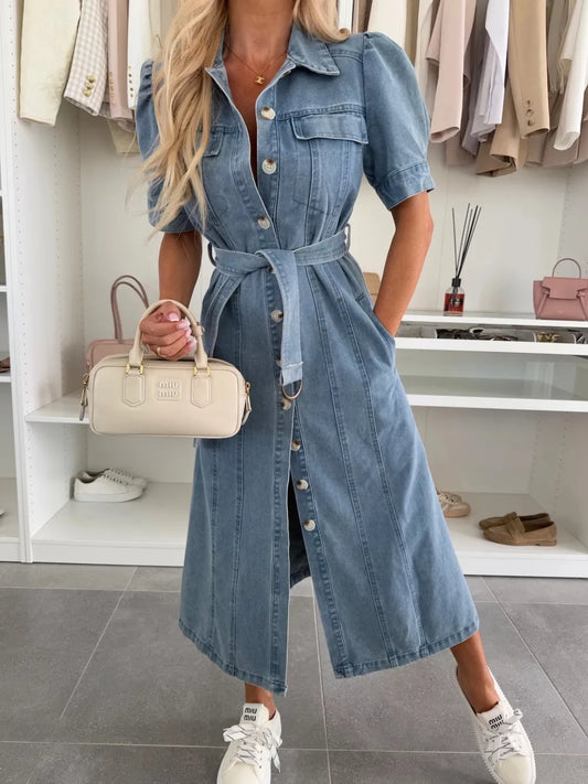 DUNA | Vestido Midi Denim con Manga Puff