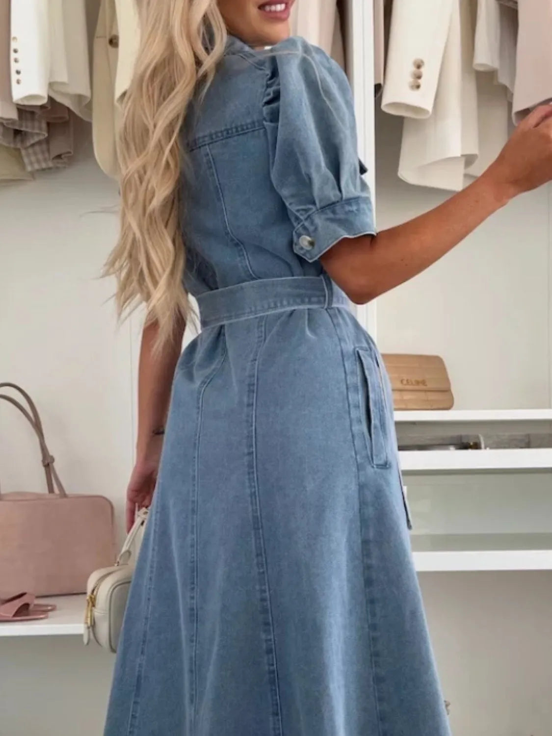 DUNA | Vestido Midi Denim con Manga Puff