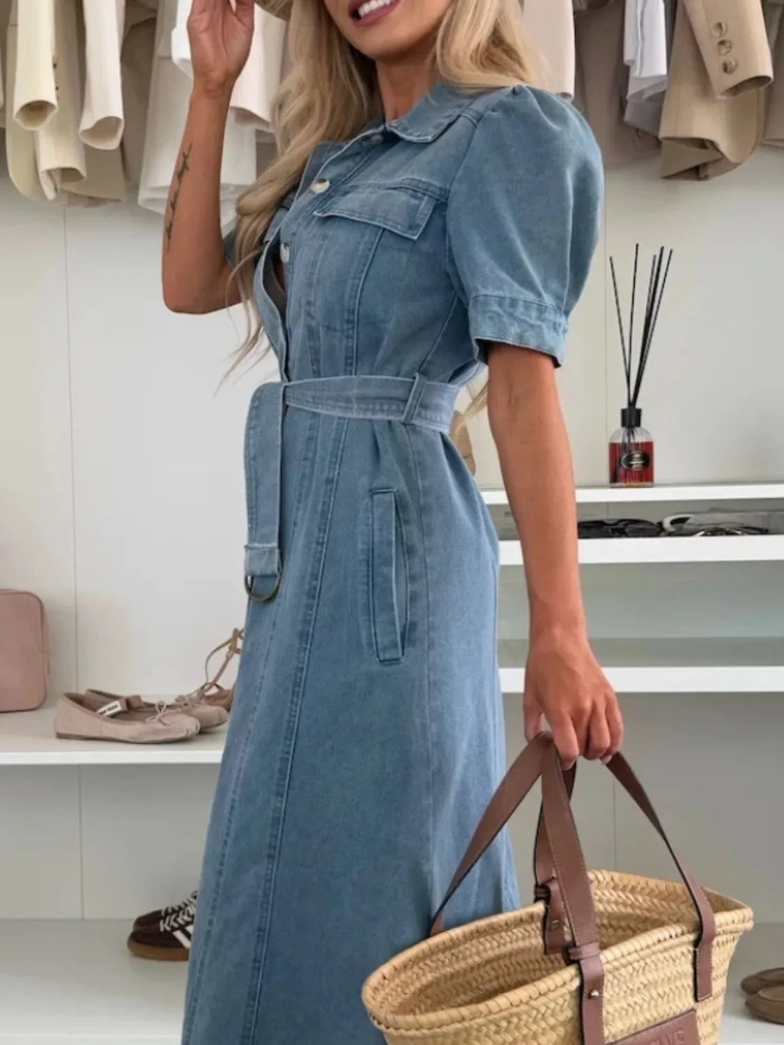 DUNA | Vestido Midi Denim con Manga Puff
