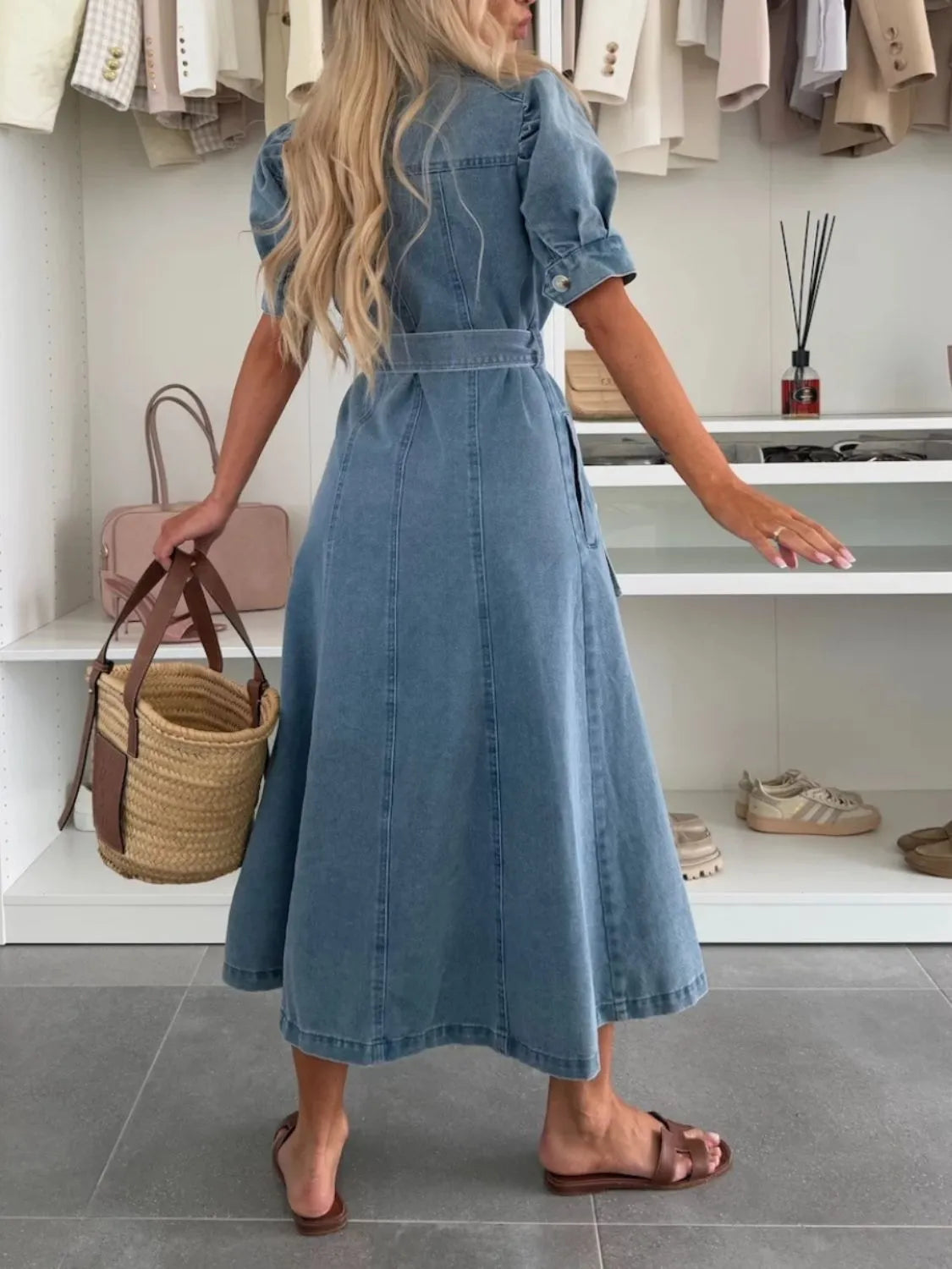 DUNA | Vestido Midi Denim con Manga Puff