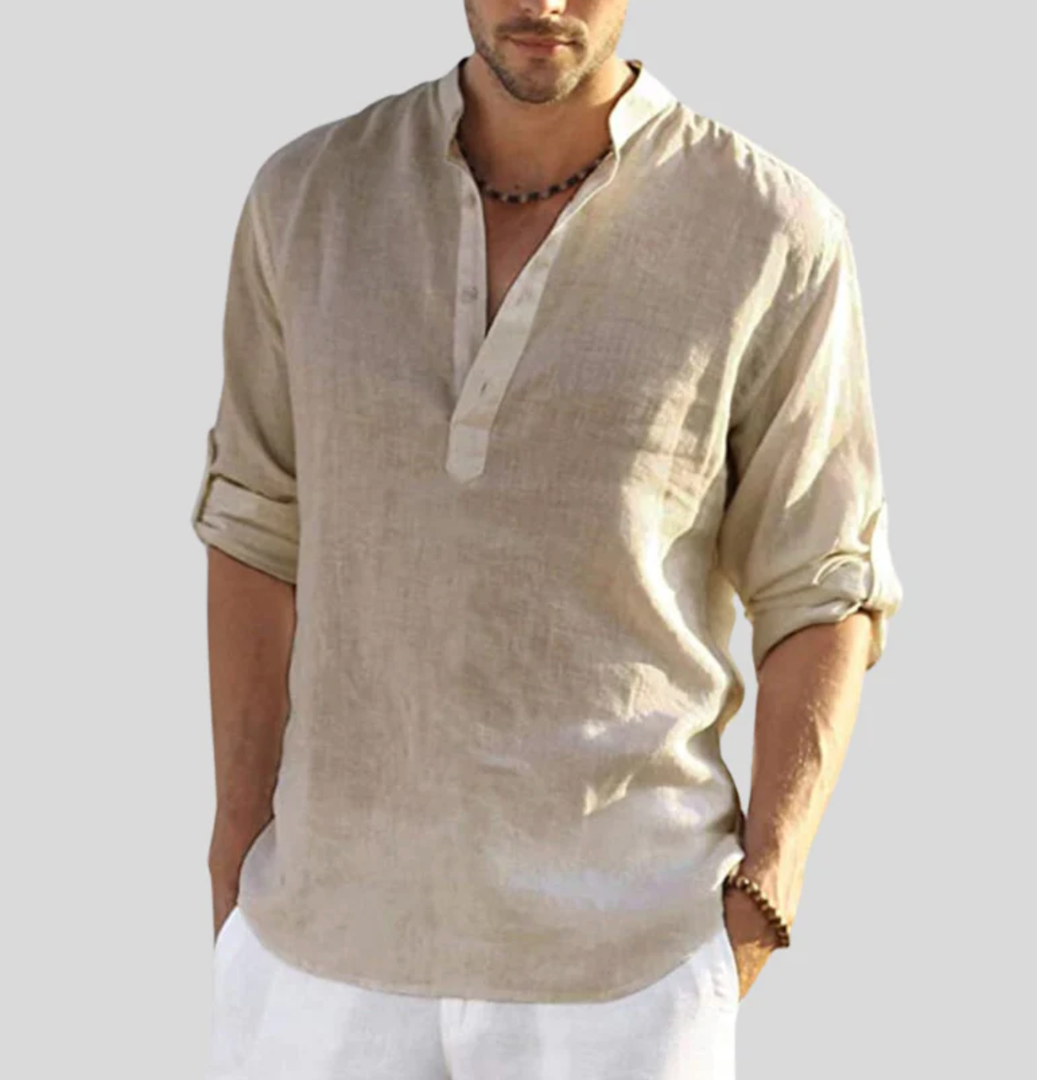 BRISA Camisa de Lino Hombre vista frontal color Arena — Loopy Wear