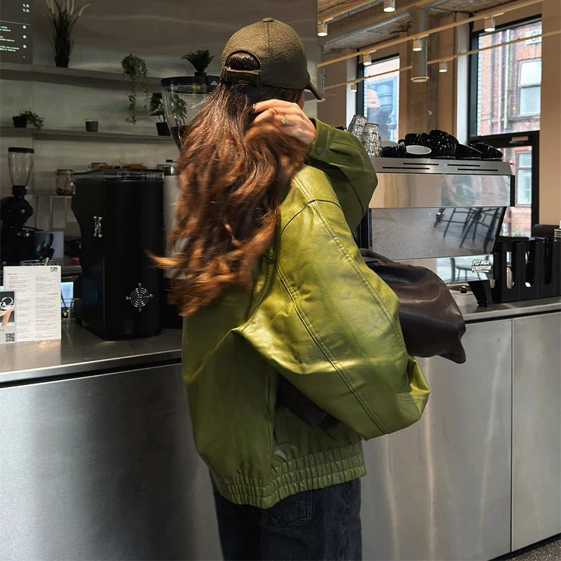 EMERYN | Chaqueta Vintage de Cuero Verde