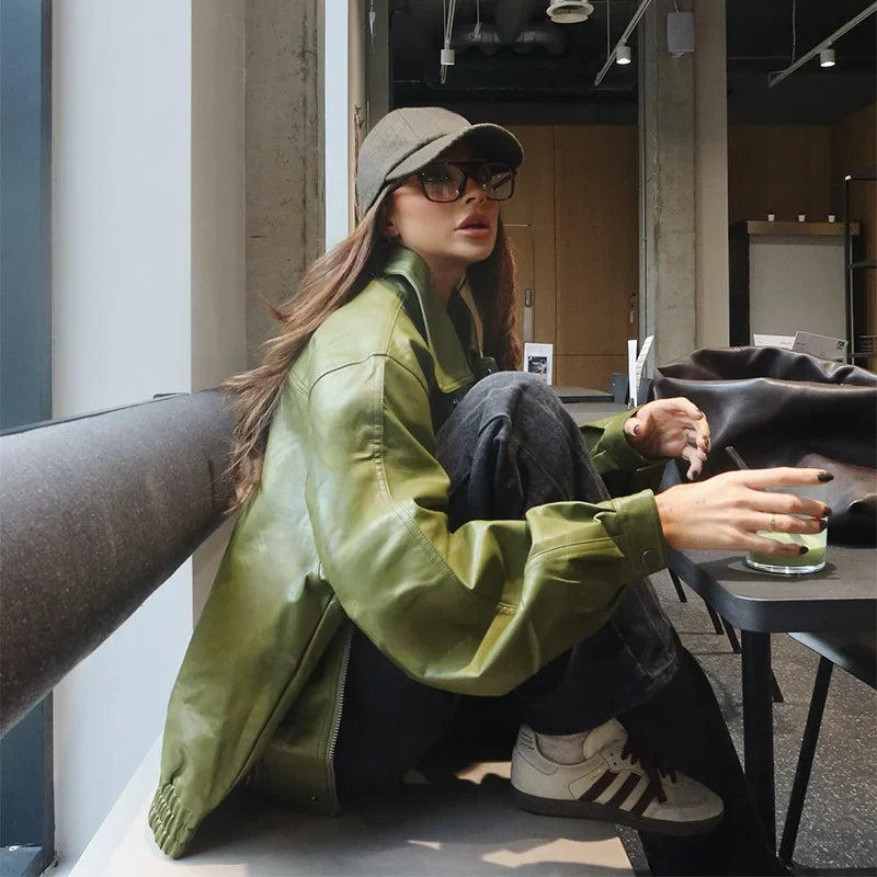 EMERYN | Chaqueta Vintage de Cuero Verde