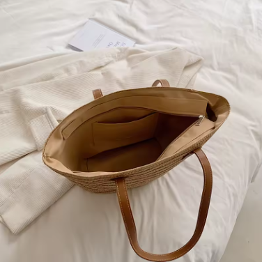 ALMA Bolso de Rafia abierto mostrando interior forrado — Loopy Wear