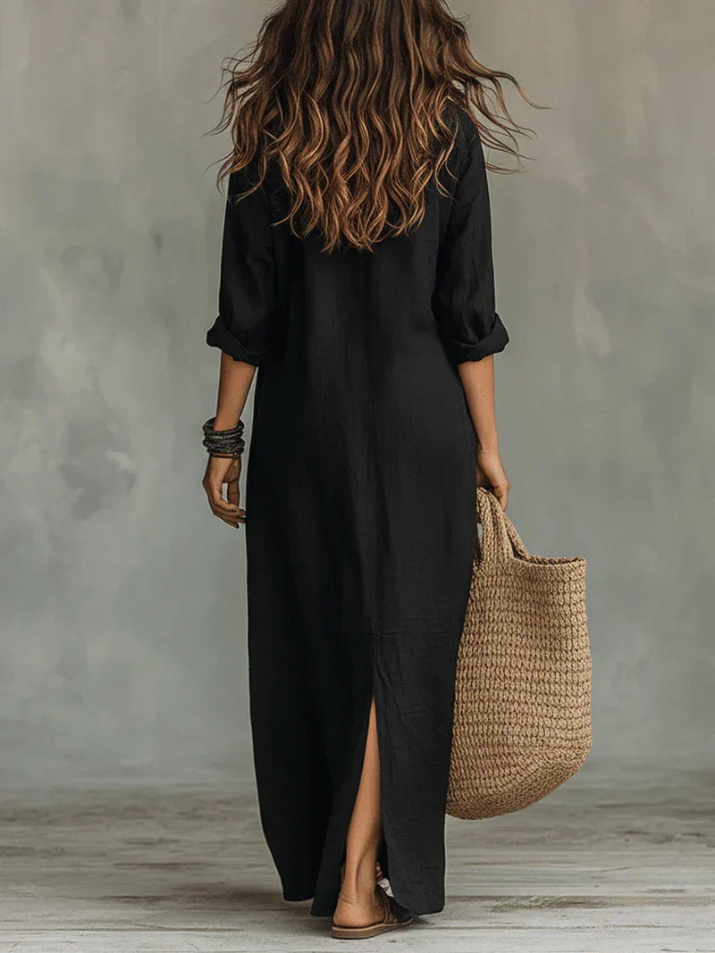 SAUCE Vestido Maxi Fluido detalle cuello estructurado y botones — Loopy Wear