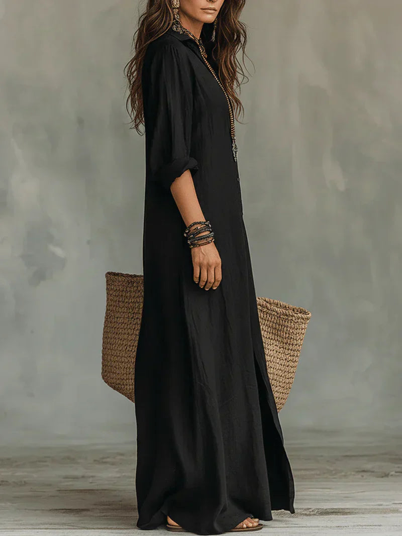SAUCE Vestido Maxi Fluido vista lateral silueta completa — Loopy Wear