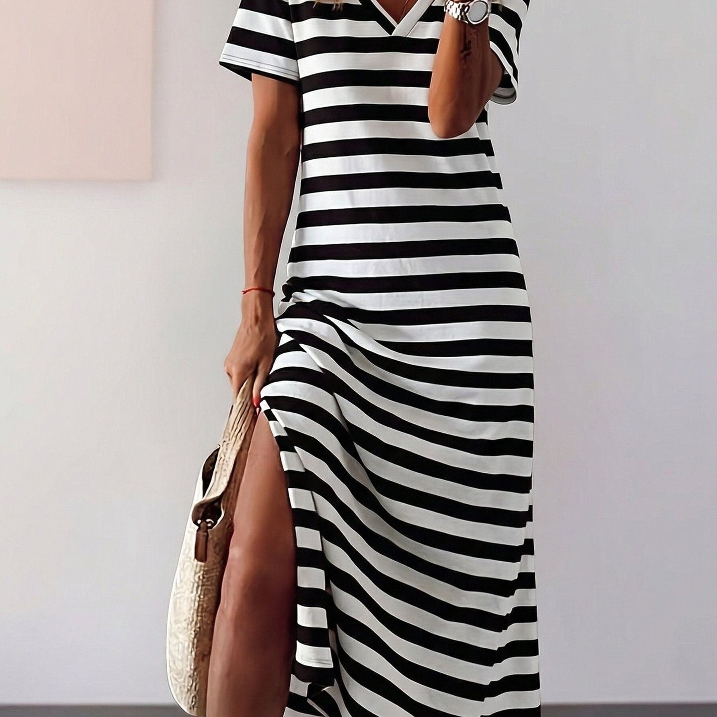 NINA | Vestido Casual a Rayas con Cuello V y Abertura